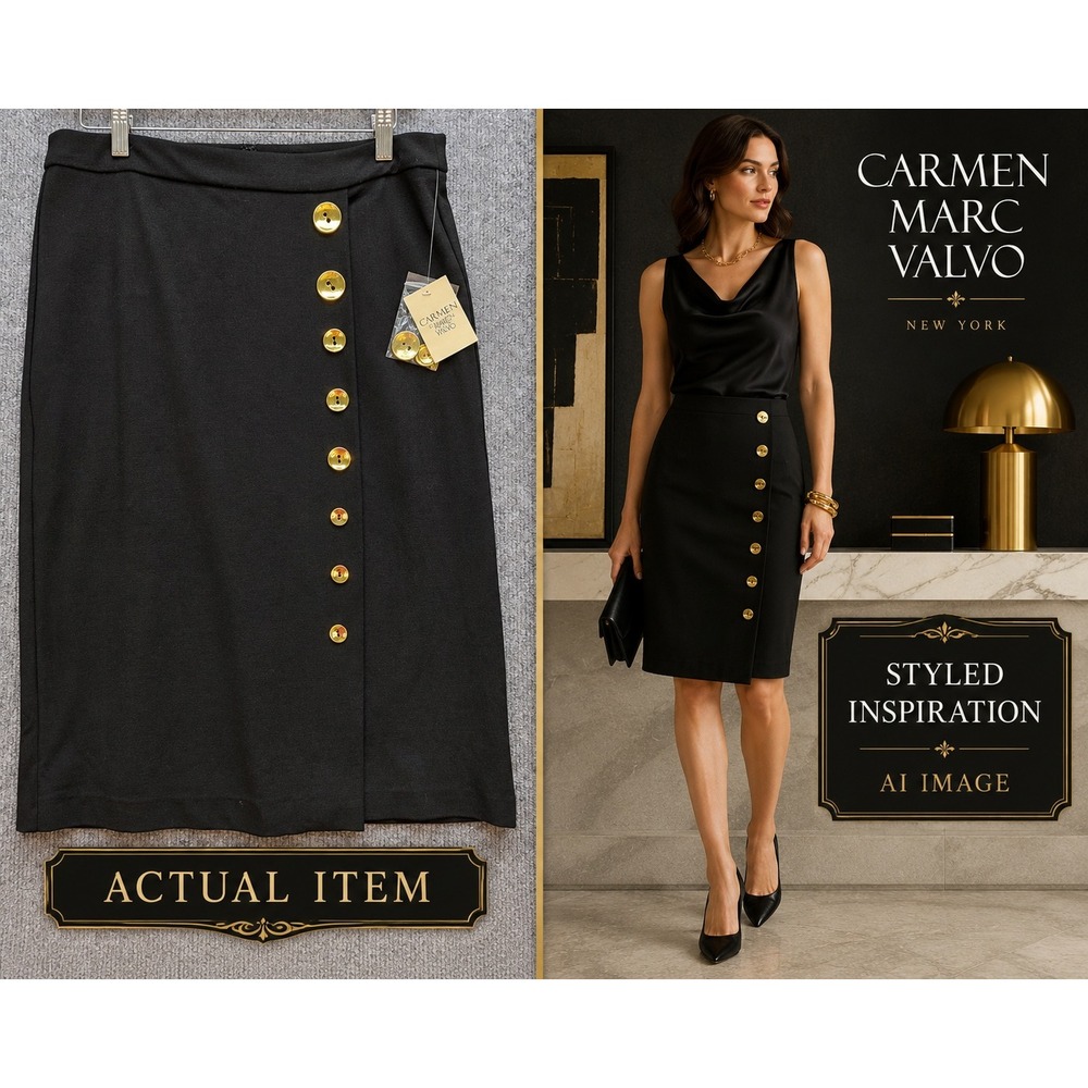 Carmen Marc Valvo Pencil Skirt Women Gold Button Wrap Black 6 NWT Quiet Luxury